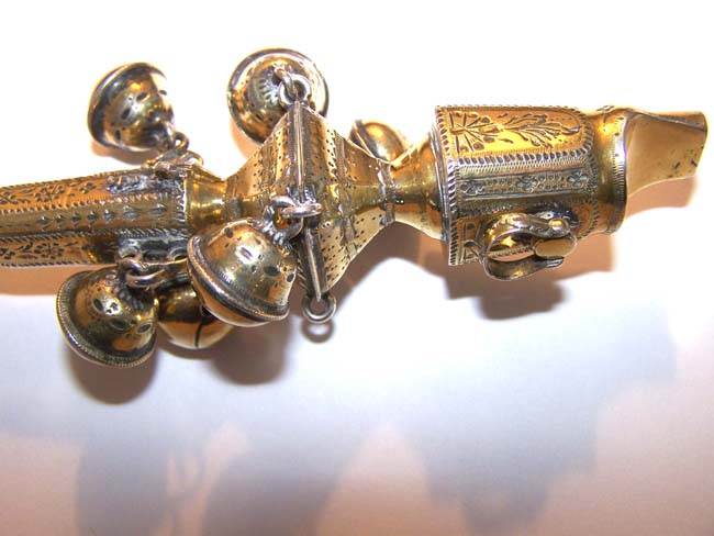 An early 19th century English Silver-Gilt Baby Rattle with Bells, Whistle and Coral Stem — image 2